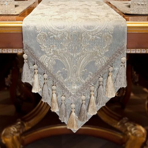 Loom and Mill Luxury Table Runner 120 Inches Long, Floral Jacquard Damask Dining Table Runner with Multi-Tassels for Dining Room Dresser Party Banquet Holiday Decorations(Light Apricot, 13*120 inch) in Kuwait