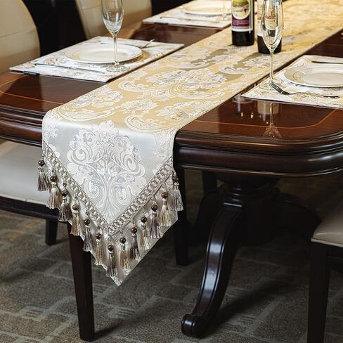 Loom and Mill Luxury Table Runner 120 Inches Long, Floral Jacquard Damask Dining Table Runner with Multi-Tassels for Dining Room Dresser Party Banquet Holiday Decorations(Light Apricot, 13*120 inch) in Kuwait