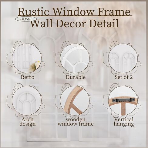 HPC DECOR Rustic Window Frame Wall Decor Set of 2-Vintage Country Wall Hanging Decor,Modern Farmhouse Window Wall Decor-Arch Wall Decor for Home,Bedroom,Living Room,Kitchen Decor,Wall Decoration.White in Saudi Arabia