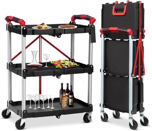 عربة خدمة قابلة للطي، عربة محمولة من 3 طبقات/عربة تفصيل/عربات أدوات مع عجلتين قابلتين للقفل تستخدم للمنزل/التجارية/المكتب/المستودع، أسود، 56 رطل. سعة التحميل لكل رف in Kuwait