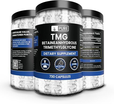 مكونات أصلية نقية TMG Trimethylglycine (730 كبسولة) بيتين لا مائي، بدون مغنيسيوم أو حشو أرز، نقي دائمًا، تم التحقق من مختبره in Saudi Arabia