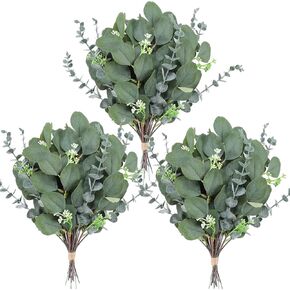 Hoteam 120 Pcs Artificial Eucalyptus Leaves Faux Eucalyptus Stems Decor Green Silver Dollar Eucalyptus Leaves Fake Seeded Eucalyptus Greenery Stems for Wedding Flower Arrangement Home, 3 Kinds