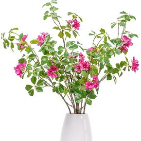3 PCS 43.3 Inch Artificial Greenery Stems Fake Branches with Leaves for Vase Faux Plants Silk Flowers for Home Decor Indoor Serenity Blossoms Fuchsia