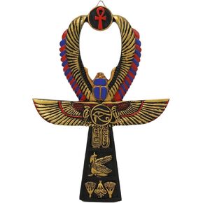 Ebros Crux Ansata Egyptian Golden Ankh With Winged Scarab Maat And Eye Of Horus Wedjat Wall Decor 3D Plaque Figurine 8" High New Age Hieroglyphs Symbol of Life Health And Balance Decorative Accent