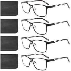 4 Pack Blue Light Reading Glasses Men Metal Frame Computer Readers Rectangle Spring Hinges Eyeglasses with Pouchs