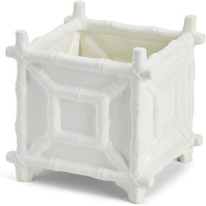 Two's Company Faux Bamboo Cachepot, 7.75-Inch, White, Ceramic