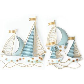 Remenna Beach Wall Decor Blue Metal Sail Boat Wall Decor Coastal Wall Decor Set of 2 Metal Wall Sculpture for Living Room Bedroom Dining Room
