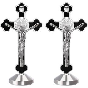 2 Pieces 3 Inch Metal Enamel Standing Crucifix Glow in The Dark Saint Benedict Medal Crucifix Wall Cross Religious Gifts,Sticker on bottom to stick on Table Car Altar