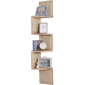 4-Tier Corner Shelf Natural Rattan Floating Corner Shelves Wall Mount Shelves for Living Rooms, Bedroom, Office (01-Paulownia)