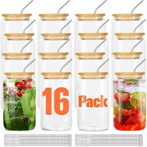 [16Pcs Set] Glass Cups With Bamboo Lids And Straws,16Oz Glass Water Bottles Glass Jars Cups Drinking Glasses, Beer Glasses Ice Coffee Glasses For Juicing Coffee Soda Tea