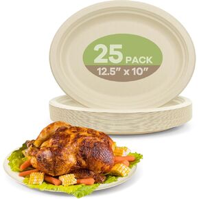 100% Compostable Oval Paper Plates, 12.5Inch 50Pack Disposable Heavy Duty Bagasse Platters Eco-Friendly Biodegradable Sugarcane Plates for BBQ, Party, Picnic - White