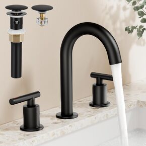 KES Black Bathroom Faucet 3 Hole, 8 Inch Bathroom Sink Faucet with All Metal Pop Up Drain with Overflow, Widespread Bathroom Faucet with 360° Swivel Spout, 18/8 Stainless Steel, L4327BLFF12-BK-C1