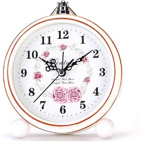 Vintage Alarm Clock, 5.25" Silent Non-Ticking Retro Analog Clock, Battery Operated Small Desk Clock for Bedroom/Living Room/Office/Shelf Decor (Peony)
