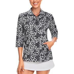 Tanst Sky Womens 3/4 Sleeve Golf Shirt Quick Dry Zip Up Workout Tennis Tops with Pockets