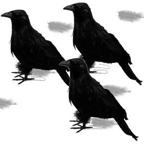 ATDAWN Halloween Birds, Black Feathered Crows, Realistic Looking Halloween Decoration Birds (10.6")