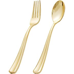 BUCLA 200 Pieces Gold Plastic Silverware - Disposable Gold Utensils - Heavy Duty Plastic Cutlery set- 100 Gold Plastic Forks, 100 Gold Plastic Spoons for Catering, Parties, Dinners, Weddings