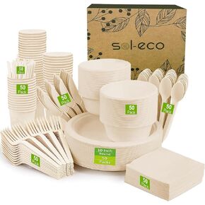 SOL ECO Compostable Paper Plates, 400 PCS Heavy-Duty Compostable Plates, Party Paper Plates & bowls (10 inch & 20 oz) Forks, Knives, Spoons, Cups & Napkins for Party, 50 Guest