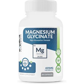 Pure Magnesium Glycinate 425mg, 100% Chelated, 60 Capsules – Made in USA – 1 Month