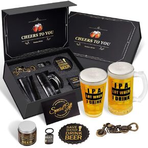 Beer Gifts for Men, Gift Basket for Beer Lovers, Gifts Box for Dad Husband Boyfriend Grandpa, Anniversary Wedding Birthday Gifts for Him incl. Beer Glass Bottle Opener Coaster Keychain