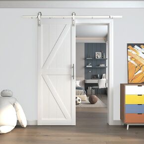 30in x 84in White Sliding Barn Door with 5ft Brushed Nickel Quietly Hardware Track Kit Included, Super Easy Assembly Sturdy Wood Slab with Predrilled Holes, Water-Proof & Scratch-Resistant PVC Surface