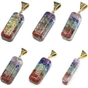 LE SKY 6 Pcs Natural Orgone Stone Pendants Rectangle Shape Various Seven Chakra Tumbled Chip Stone Reiki Symbol Resin Pendant for Meditation Yoga Balance Energy