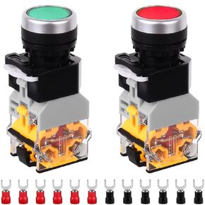 22mm Momentary Push Button Switch 24V 10A Push Type LA38-11DN 1NO 1NC LED Indicator Light Switch(Red/Green) 2 Color with 12Pcs Fork Terminal
