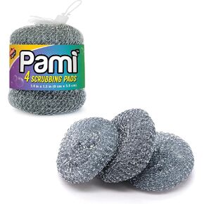 PAMI Heavy-Duty Stainless Steel Scrubbing Pads - Steel Wool Dish Scrubbers for Dirt, Grease & Grime- Metal Scrubber Sponges for Kitchen & Bathroom- Scouring Pads for Pots & Pans (4)