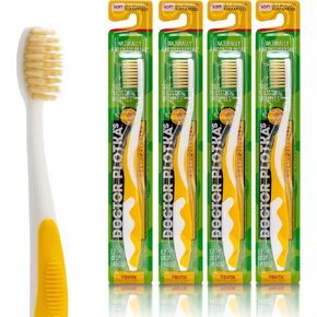 MOUTHWATCHERS Dr Plotkas Extra Soft Kids Toothbrushes Manual Flossing Toothbrushes | Ultra Clean Nano Toothbrushes | 4 Pack – 2 Yellow and 2 Pink Childrens Toothbrushes