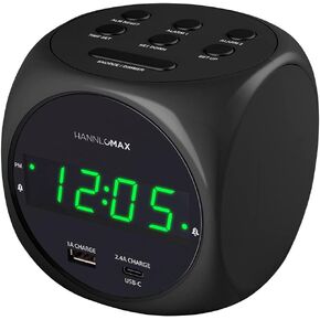 HANNLOMAX HX-702C Digital Clock with Dual Alarm, 0.7" Green LED Display. Dual USB Ports (USB-A & Type-C) for Charging, AC Operation only. (Black)