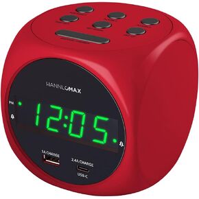 ساعة رقمية HANNLOMAX HX-702C مع منبه مزدوج، شاشة LED خضراء مقاس 0.7 بوصة. منافذ USB مزدوجة (USB-A ونوع C) للشحن، تشغيل التيار المتردد فقط. (أصفر)