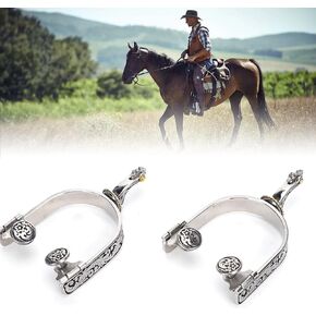 VINGVO Horse Spurs, 2PCS Stainless Steel Silver Spurs, Exquisite Engraved Pattern Horse Boot Spurs, Western Cowboy Spurs with Gear Reining Horse Cowboy Show Spurs for Horse Training