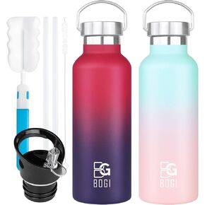 BOGI 20oz Insulated Water Bottle, 2 Pack Wide Mouth Stainless Steel Water Bottles Leakproof Metal Water Bottle with Straw and Handle BPA Free Steel Water Bottle for School Fitness Outdoor Sports