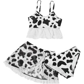 WDIRARA Girl's 3 Piece Bathing Suits Cow Print Ruffle Trim Tiered Layer Round Neck Sleeveless High Waist Bikini Set