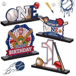 4 Pcs Baseball One Letter Sign Wooden Table Decor for Boys First Birthday Centerpiece Sport Letter Sign 1st Birthday Decorations for Baby Shower Supplies Photo Props Game