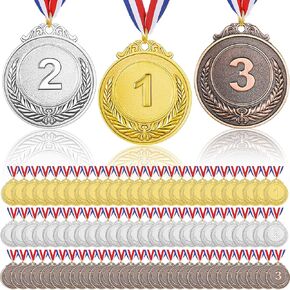 60 قطعة من ميداليات الجوائز الذهبية والفضية والبرونزية مع شريط للرقبة، ميداليات للجوائز، ميداليات الجائزة الأولى والثانية للأطفال والكبار، هدايا الحفلات المسابقات، 2 بوصة (60) in Kuwait