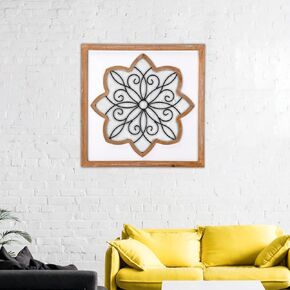 Hallops Carved Wood Wall Decor - Rustic Unique Design Wall Sculptures - Entryway Wood Wall Art - Brown and White - Old World Charm - Intricately Carved Tile - Quatrefoil Design - 16.5 x 16.5 inch