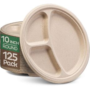 100% Compostable, 3 Compartment, Disposable Paper Plates [125-Pack] - {PFAS Free} - {BPA Certified} - [10 Inch] Heavy Duty Biodegradable Bagasse Sectional Lunch Trays + Dividers - Divided Platte Tray