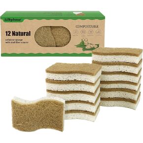 Biodegradable Natural Kitchen Sponge, Compostable Cellulose and Coconut Scrubber Eco-Friendly Dishwashing Sponge, 12 Pack Household Cleaning Foam for Dishes