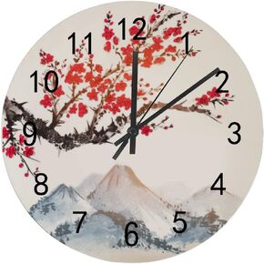 Wooden Wall Clocks Silent Hanging Clock Round Retro Farmhouse Wall Clock Gray Mountan with Sakura Branches Quartz Battery Operated Decor Clocks Kitchen Living Room Bedroom Office