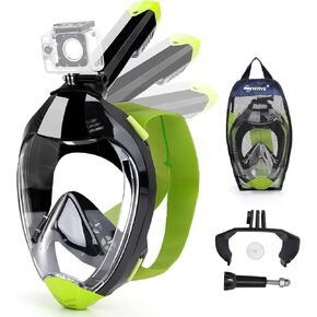 قناع غص لكامل الوجه، قناع غوص مع رؤية بانورامية 180 درجة، تكنولوجيا التنفس لتدفق الهواء المزدوج مع حامل كاميرا قابل للفصل، مجموعة علوية جافة مضادة للضباب ومضادة للتسرب للأطفال والكبار in Kuwait
