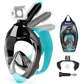 Full Face Snorkel Mask, Diving Mask with 180° Panoramic View Dual Airflow Breathing Technology with Detachable Camera Mount, Dry Top Set Anti Fog Anti Leak for Kids Adult