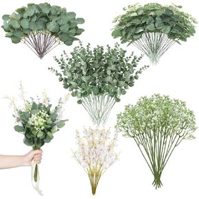 90 Pcs 5 Kinds Mixed Greenery Artificial Eucalyptus Stems and Faux Flowers Eucalyptus Leaves Stems Bulk for Wedding Floral Arrangement Table Centerpieces, Green and White