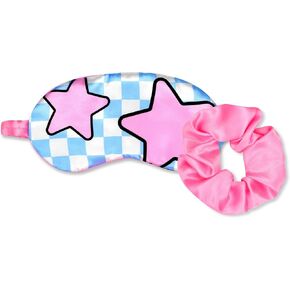 iscream Silky Satin, Fully Lined Sleep Mask and Matching Scrunchy Set - Happy Check