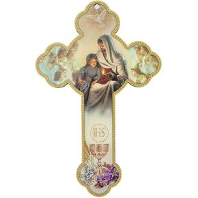 5" Small Wooden Wall Cross | 5 Styles | Small Flat for Hanging in Any Room | Perfect First Communion Gift | Christian Home Goods (Boys IHS First Communion)
