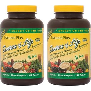 Natures Plus Source of Life No Iron - 180 Tablets, Pack of 2 - Multi-Vitamin & Mineral Supplement - Supports Natural Energy & Overall Well-Being - Gluten Free, Vegetarian - 120 Total Servings