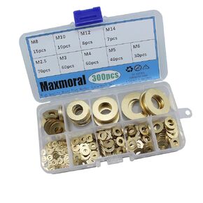 Maxmoral 300PCS Flat Washer Kit Flat Washer Assembly Set Brass Flat Washer Set M2.5 to M14 for Use Under The Head of Bolt and Nut