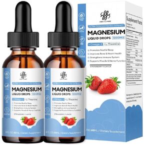 (2 Pack) Magnesium Glycinate Liquid Drop with Citrate, Oxide and Taurate, Calm Magnesium with Omega3, L-Theanine, D3, B6, B12 for Calm, Sleep, Leg Cramps, Muscles, Energy, Sugar-Free Strawberry Flavor