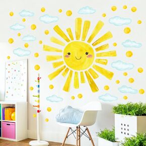 Sun Wall Decals Watercolor Cloud Wall Stickers for Kids Room, 12 Sheets Large Sun Cloud Wall Decor Posters Polka Dots Wall Stickers Home Decorations for Girls Room Bedroom Play Room