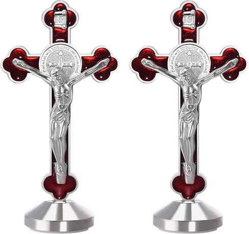 2 Pieces 3 Inch Metal Enamel Standing Crucifix Glow in The Dark Saint Benedict Medal Crucifix Wall Cross Religious Gifts,Sticker on bottom to stick on Table Car Altar in Saudi Arabia