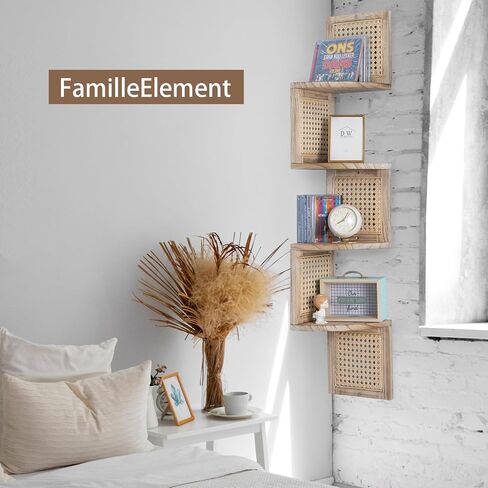 4-Tier Corner Shelf Natural Rattan Floating Corner Shelves Wall Mount Shelves for Living Rooms, Bedroom, Office (01-Paulownia) in Saudi Arabia